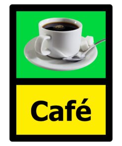 cafe dementia sign, self adhesive vinyl, 150mm x 200mm, green and yellow background, black text with image