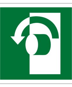 turn to open left door sign, white and green with symbol, self adhesive, 100mm x 100mm