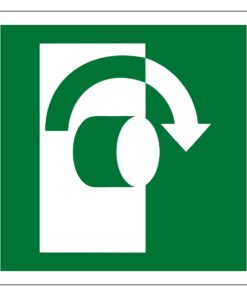 turn to open right door sign, white and green with symbol, self adhesive, 100mm x 100mm