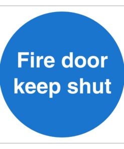 fire door keep shut self adhesive safety door sign. 100mm x 100mm and 120mm x 120mm. blue background with white text