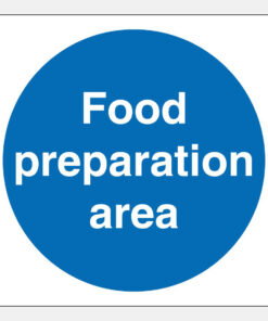 Food preparation area sign. 100mm x 100mm self adhesive. blue background with white text