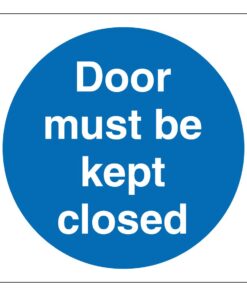 Door must be kept closed sign. 100mm x 100mm self adhesive. blue background with white text