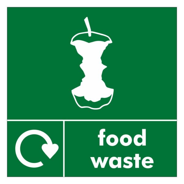 Food waste recycling sign. Green background with white text and symbol