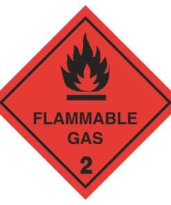 flammable gas 2 ghs hazard sign. 100mm x 100mm self adhesive vinyl sticker. red background with black text and symbol