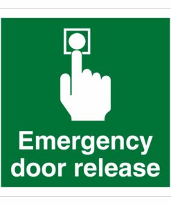 emergency door release sign. 100mm x 100mm self adhesive vinyl, white text on green background with symbol