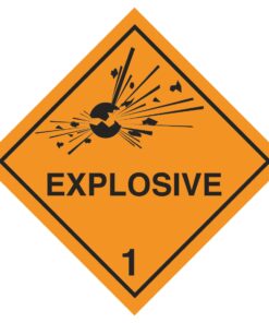Explosive 1 - GHS Diamond Warning Sign Material: Self Adhesive Vinyl. Size: 100mm x 100mm. orange background with black text and symbol