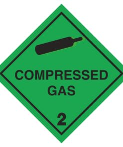 compressed gas 2 hazard sign. 100mm x 100mm self adhesive. green background with black text, number and symbol