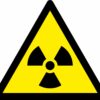 Radioactive warning symbol safety signs. self adhesive 90mm x 80mm. yellow background with black symbol