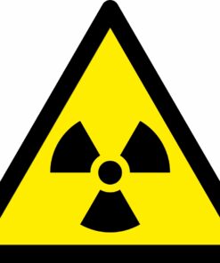 Radioactive warning symbol safety signs. self adhesive 90mm x 80mm. yellow background with black symbol
