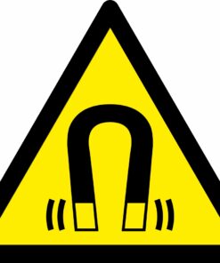 Magnetic field symbol warning sign. self adhesive 90mm x 80mm. yellow background with black symbol