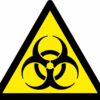 Biological hazard warning triangle safety sign. 90mm x 80mm self adhesive. yellow background with black symbol