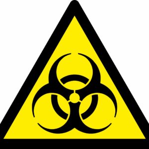Biological hazard warning triangle safety sign. 90mm x 80mm self adhesive. yellow background with black symbol