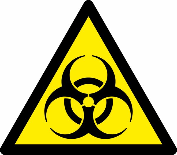 Biological hazard warning triangle safety sign. 90mm x 80mm self adhesive. yellow background with black symbol