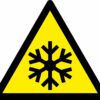 low temperature warning triangle safety sign. 90mm x 80mm self adhesive vinyl. yellow background black symbol