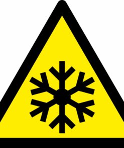 low temperature warning triangle safety sign. 90mm x 80mm self adhesive vinyl. yellow background black symbol
