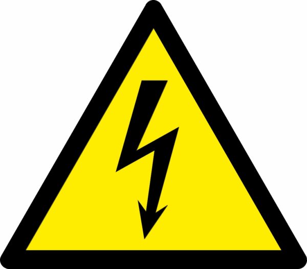 Electrical warning symbol safety triangle sign. 90mm x 80mm self adhesive vinyl. yellow background with black symbol