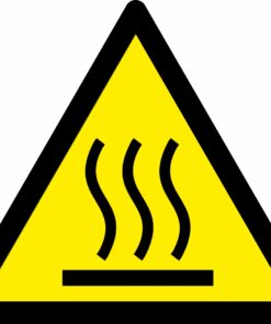 warning hot surface warning symbol safety triangle sign. 90mm x 80mm self adhesive vinyl. yellow background with black symbol