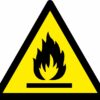 Flammable warning symbol triangle safety sign. 90mm x 80mm. yellow background with black symbol