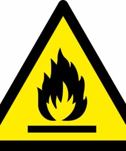 Flammable warning symbol triangle safety sign. 90mm x 80mm. yellow background with black symbol