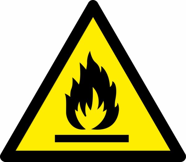 Flammable warning symbol triangle safety sign. 90mm x 80mm. yellow background with black symbol