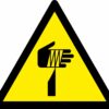 Sharp elements warning symbol safety sign. 80mm x 90mm yellow background with black symbol. Self adhesive