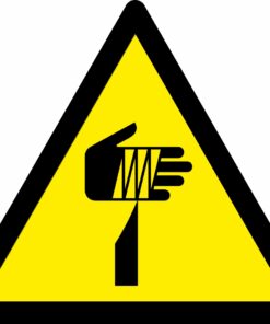 Sharp elements warning symbol safety sign. 80mm x 90mm yellow background with black symbol. Self adhesive