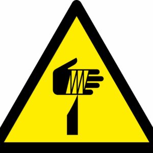 Sharp elements warning symbol safety sign. 80mm x 90mm yellow background with black symbol. Self adhesive