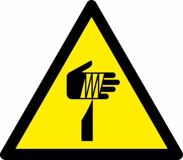 Sharp elements warning symbol safety sign. 80mm x 90mm yellow background with black symbol. Self adhesive