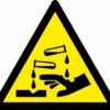 Corrosive substance warning symbol triangle safety triangle sign. 90mm x 80mm self adhesive, yellow background with black symbol