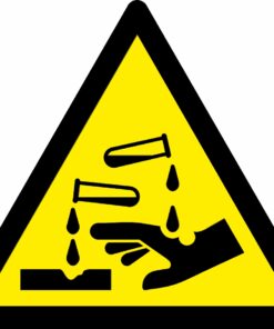 Corrosive substance warning symbol triangle safety triangle sign. 90mm x 80mm self adhesive, yellow background with black symbol