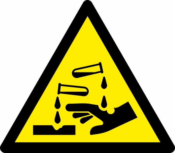Corrosive substance warning symbol triangle safety triangle sign. 90mm x 80mm self adhesive, yellow background with black symbol