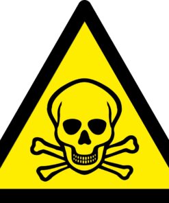 toxic triangle warning symbol sign. 80mm x 90mm self adhesive. yellow background with black symbol