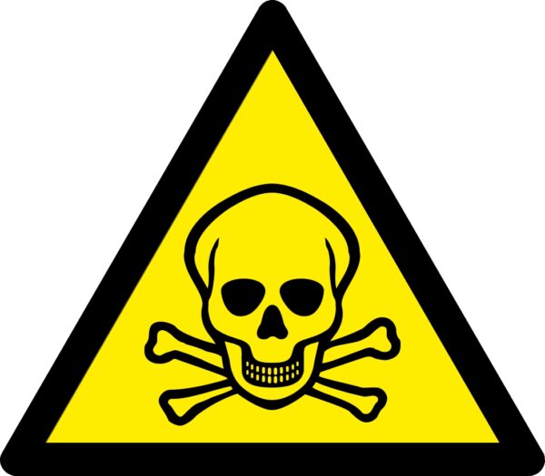toxic triangle warning symbol sign. 80mm x 90mm self adhesive. yellow background with black symbol