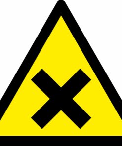 Harmful health warning symbol safety triangle sign. 90mm x 80mm. yellow background with black symbol
