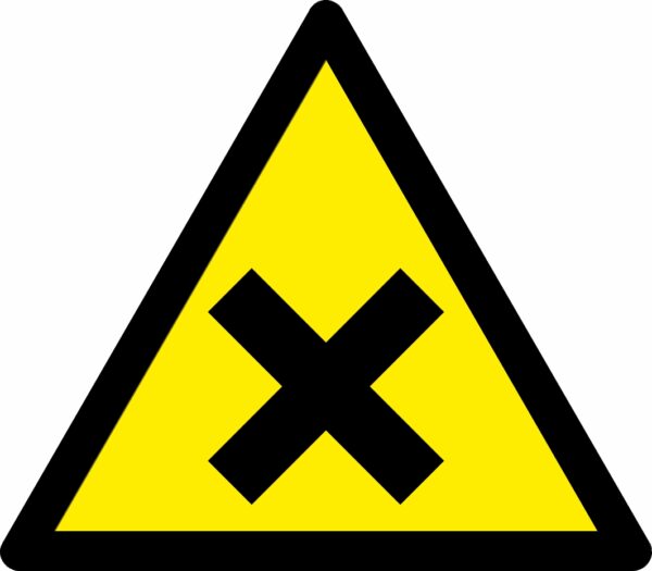 Harmful health warning symbol safety triangle sign. 90mm x 80mm. yellow background with black symbol