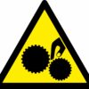 Moving parts warning symbol triangle safety sign. self adhesive 80mm x 90mm yellow background with black symbol
