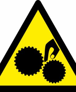 Moving parts warning symbol triangle safety sign. self adhesive 80mm x 90mm yellow background with black symbol