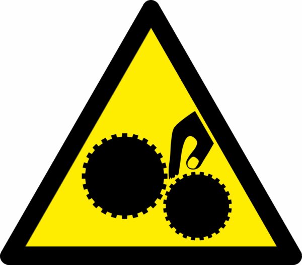 Moving parts warning symbol triangle safety sign. self adhesive 80mm x 90mm yellow background with black symbol
