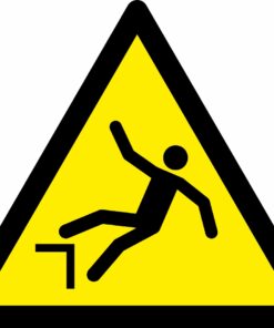 Drop/fall warning symbol triangle safety sign. 90mm x 80mm self adhesive. yellow background with black symbol