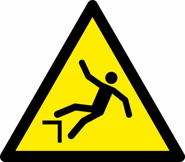 Drop/fall warning symbol triangle safety sign. 90mm x 80mm self adhesive. yellow background with black symbol