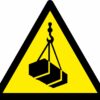 Overhead load warning symbol safety triangle sign. 90mm x 80mm. yellow background with black symbol
