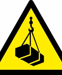 Overhead load warning symbol safety triangle sign. 90mm x 80mm. yellow background with black symbol