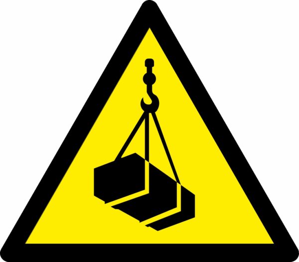 Overhead load warning symbol safety triangle sign. 90mm x 80mm. yellow background with black symbol