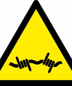 warning barbed wire triangle with symbol. self adhesive sign. 80mm x 90mm black and yellow