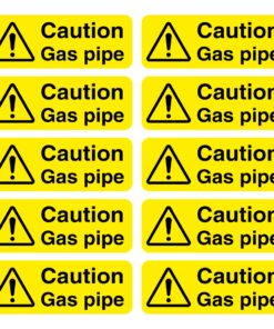 Caution gas pipe. Yellow background with black text. and symbol