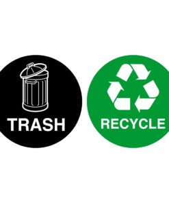trash and recycle bin signs, pack of 2, 100mm diameter circles, self adhesive, one with black background and white text and symbol, one with green background and white text and symbol