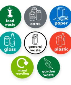8 pack recycling stickers. Multiple colours and symbols