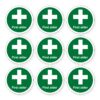 Pack of 9 first aider self adhesive signs. Green background with white text and symbol