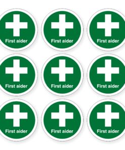 Pack of 9 first aider self adhesive signs. Green background with white text and symbol