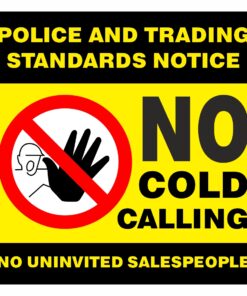 no cold calling sign, 90mm x 90mm self adhesive vinyl, black, yellow, white with image